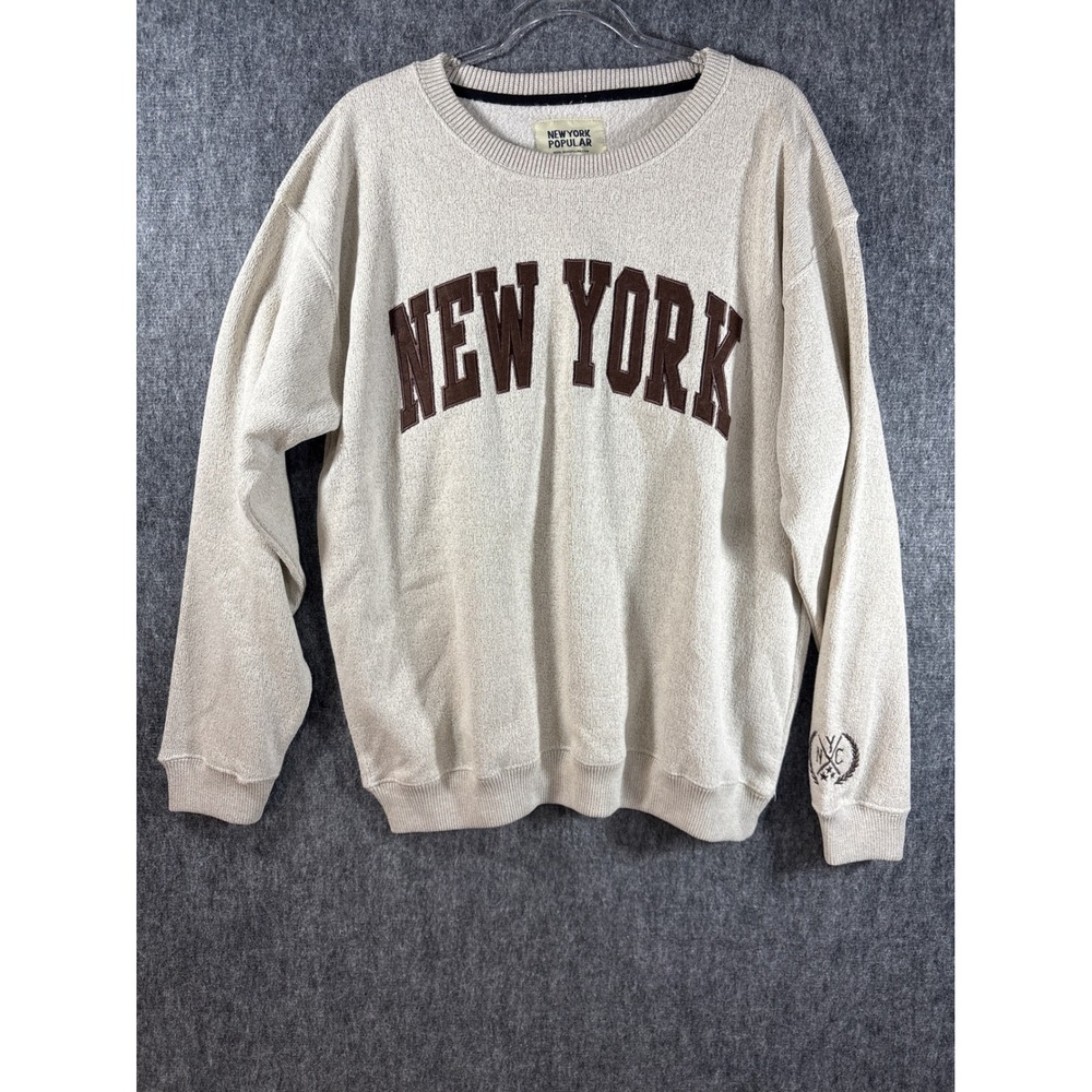 New York Popular Mens Large Oatmeal Bro Graphic Crewneck Sweatshirt NYC Brooklyn